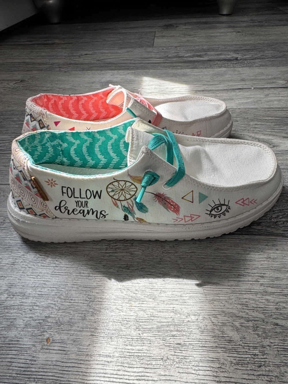 Hey Dude White Slip-On Sneakers with Teal and Coral Accents